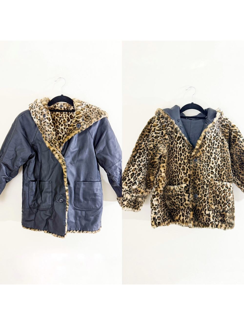 Wilsons Leather Black Leather & Leopard Faux Fur Reversible Coat Kids Size Large